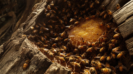A detailed view of bees forming a cluster on a fresh honeycomb inside a wooden hive.の素材