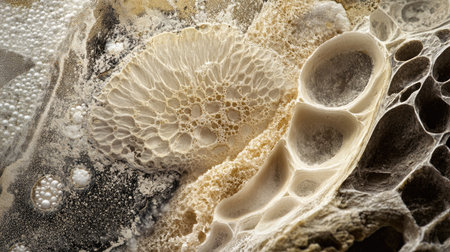 A magnified view of a cream-like texture on a glass slide, placed on a high-tech microscope stage.の素材