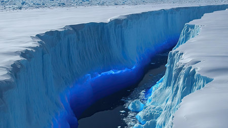 A detailed shot of deep blue crevasses cutting through the surface of a massive glacier.の素材