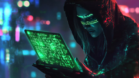 A hooded hacker holding a glowing laptop in a dark room, with neon green binary code reflected on their face.の素材