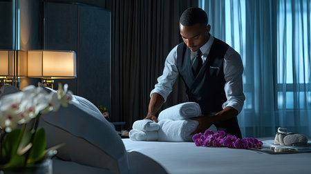 A hotel staff member placing towels and orchids on a perfectly made bed in a deluxe suite.の素材