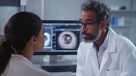 A doctor showing a patient a digital image of their retina, explaining the details of the scan.の素材