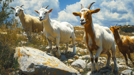 A lively group of goats exploring a rocky enclosure on a sunny farm day.の素材