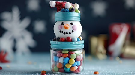 A DIY snowman decoration made from stacked jars filled with candies, with a painted face and tiny hat.の素材