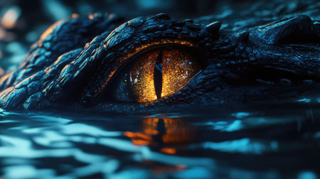 A dramatic close-up of a crocodile's eye, with water ripples reflecting light in the background.の素材