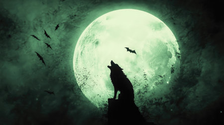 A howling wolf in silhouette, with bats flying across a large, bright full moon.の素材