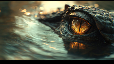 A dramatic close-up of a crocodile's eye, with water ripples reflecting light in the background.の素材