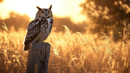 A large owl standing on a weathered wooden fence post in a field of tall grass during golden hour.の素材
