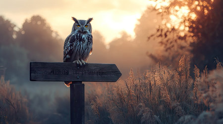 A large owl perched atop a wooden signpost in a rural setting during sunrise.の素材
