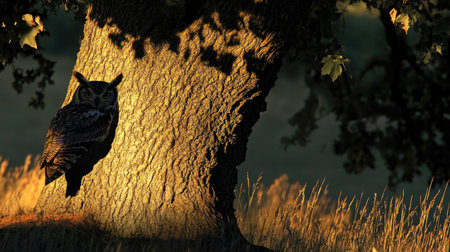 A large owl and its shadow cast against the trunk of an old oak tree under twilight skies.の素材