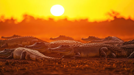 A crocodile farm at sunset, with silhouettes of the reptiles visible against the golden glow of the horizon.の素材
