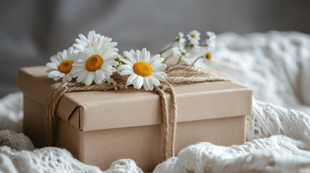 A large beige gift box with delicate white daisies and brown jute rope for a natural aesthetic.の素材