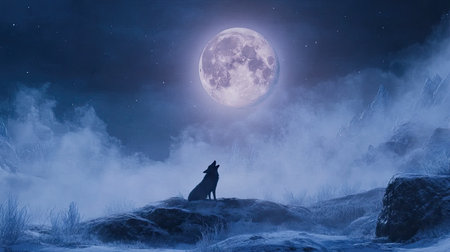 A howling wolf with its breath visible in the chilly air, under a frosty full moon.の素材