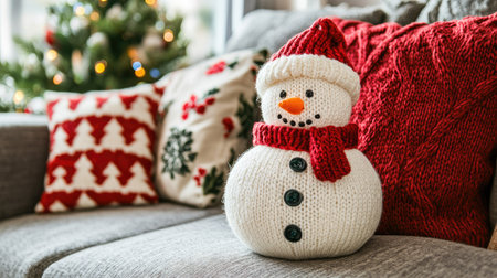A knitted snowman Christmas decoration on a cozy sofa, with holiday-themed pillows in the background.の素材