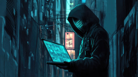 A cybercriminal in a mask standing in a dark alley, holding a laptop with bright blue hacking software visible.の素材