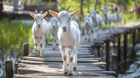 A line of goats walking single file across a narrow wooden bridge on the farm.の素材
