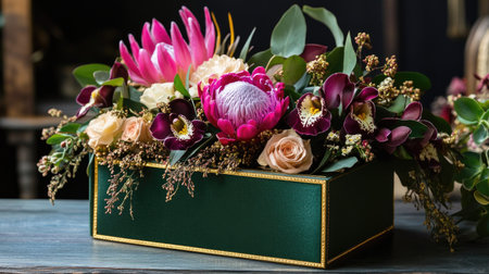 A luxurious gift box in emerald green with golden edges, topped with exotic fresh flowers like orchids and proteas.の素材