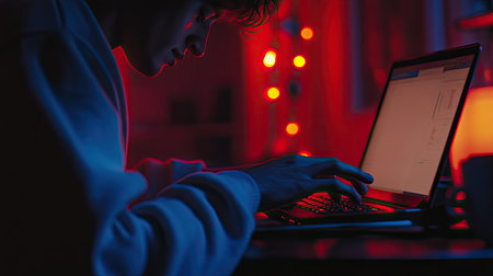 A man in a dimly lit room typing on a laptop with red and blue LED lights glowing in the background.の素材