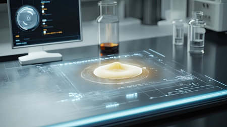 A lab workstation showing a single creamy spot on a glass surface, with a futuristic holographic interface in the background.の素材