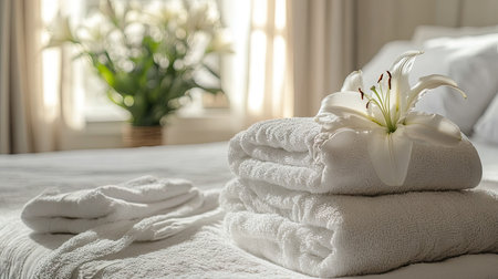 A luxury hotel room featuring a king-size bed, white towels, and a touch of lilies for decor.の素材