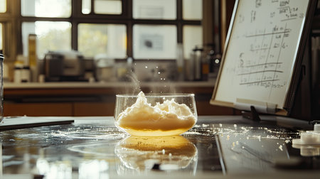 A lab experiment setup showing a creamy spot on glass, with precise measurements written on a whiteboard nearby.の素材