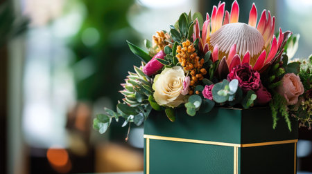 A luxurious gift box in emerald green with golden edges, topped with exotic fresh flowers like orchids and proteas.の素材