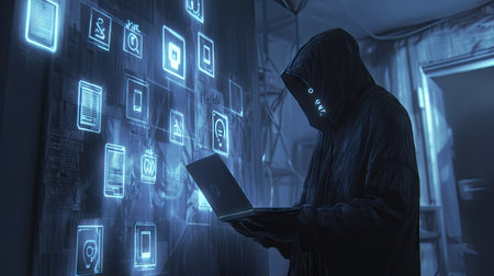A hooded figure holding a laptop with hacking icons projected on a wall behind them, in a tech-focused scene.の素材