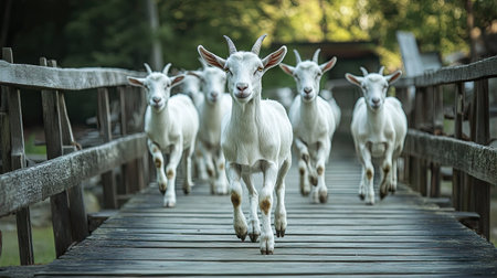 A line of goats walking single file across a narrow wooden bridge on the farm.の素材