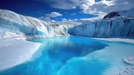 A large cracked glacier with shimmering blue ice exposed by the deep fissures.の素材