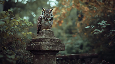 A large owl resting on a stone statue in an overgrown garden, evoking a mystical and eerie atmosphere.の素材