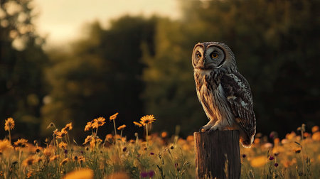 A large owl sitting on a rustic wooden perch in a field of wildflowers during late afternoon.の素材