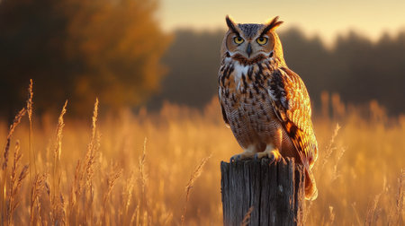 A large owl standing on a weathered wooden fence post in a field of tall grass during golden hour.の素材
