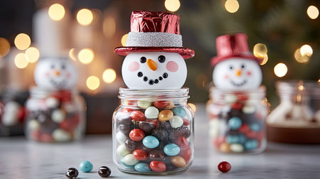 A DIY snowman decoration made from stacked jars filled with candies, with a painted face and tiny hat.の素材