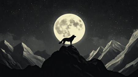 A lone wolf silhouetted against a full moon, standing on a rocky peak under a starry night sky.の素材
