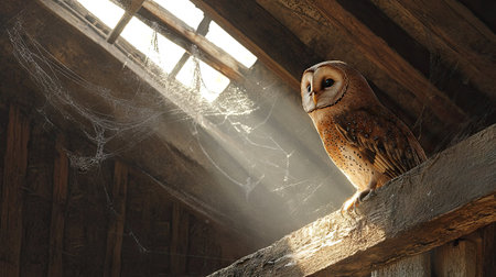 A large owl perched in the rafters of an old, abandoned barn, surrounded by cobwebs and beams of light.の素材
