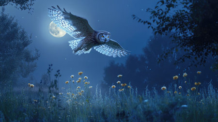 A large owl spreading its wings mid-flight over a moonlit meadow, its feathers glowing in the soft light.の素材