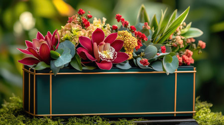 A luxurious gift box in emerald green with golden edges, topped with exotic fresh flowers like orchids and proteas.の素材