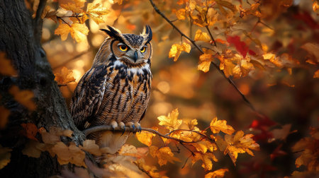 A large owl perched on a tree in autumn, surrounded by golden and red leaves.の素材