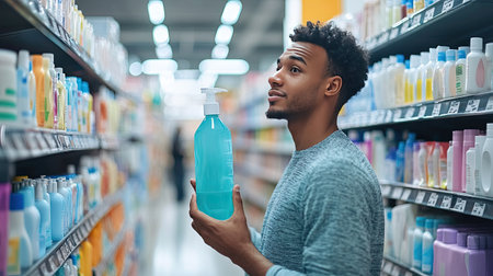 A man holding a large bottle of mouthwash while browsing a store aisle filled with hygiene products.の素材