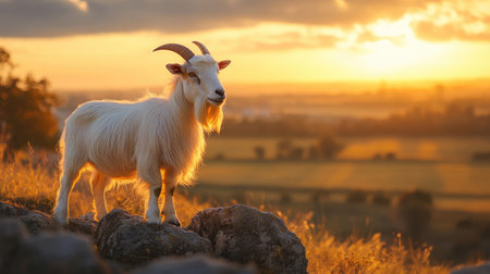 A majestic billy goat standing on a rocky hill on the farm, overlooking a field at sunset.の素材