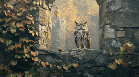A large owl sitting atop a stone wall of an old castle ruin, framed by ivy and weathered stones.の素材