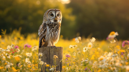 A large owl sitting on a rustic wooden perch in a field of wildflowers during late afternoon.の素材