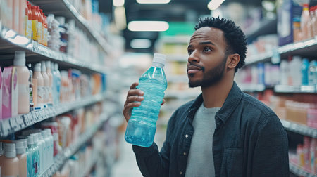 A man holding a large bottle of mouthwash while browsing a store aisle filled with hygiene products.の素材