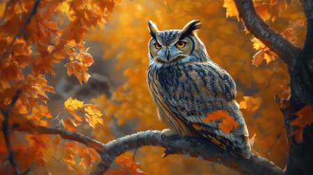 A large owl perched on a tree in autumn, surrounded by golden and red leaves.の素材