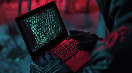 A laptop held by a hacker, showing a live breach attempt, with virtual firewalls represented visually.の素材