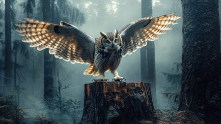 A large owl with outstretched wings landing on a tree stump in a misty forest.の素材