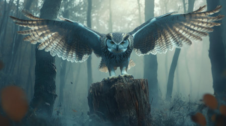 A large owl with outstretched wings landing on a tree stump in a misty forest.の素材
