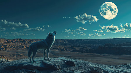 A lone wolf howling on a rocky desert plateau, with the moon casting long shadows.の素材