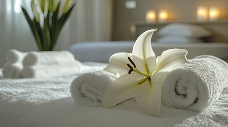 A luxury hotel room featuring a king-size bed, white towels, and a touch of lilies for decor.の素材