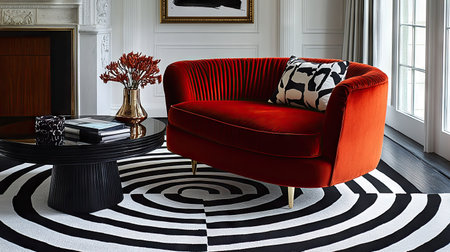 Bold red velvet chair paired with a black and white striped rug in a stylish living roomの素材